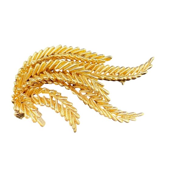 Crown Trifari Gold Tone Fern Leaf Brooch Pin Vintage Signed Elegant Statement Ac - Picture 1 of 6